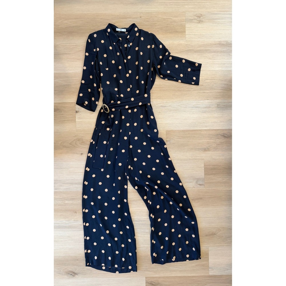 Dark‎ Navy Polka-Dot Wide Leg Jumpsuit with Belt and Pockets Size Small